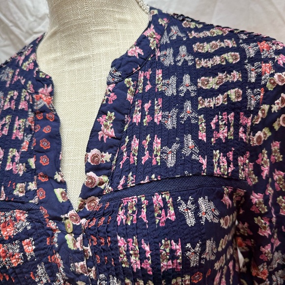 Anthropologie Blue Floral Patchwork Ruffled Hem Split Neck Midi Dress Size XXS - Picture 2 of 12